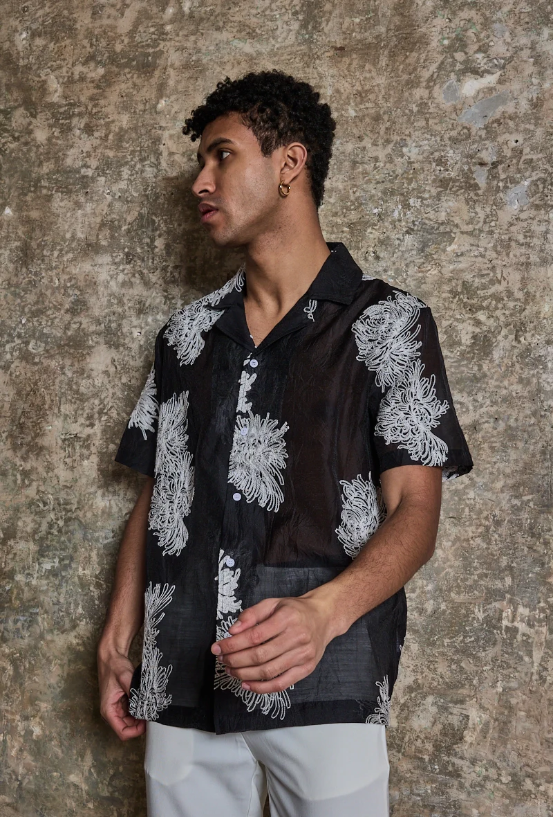 Chemise manches courtes à motifs fleuris broder - Image 4