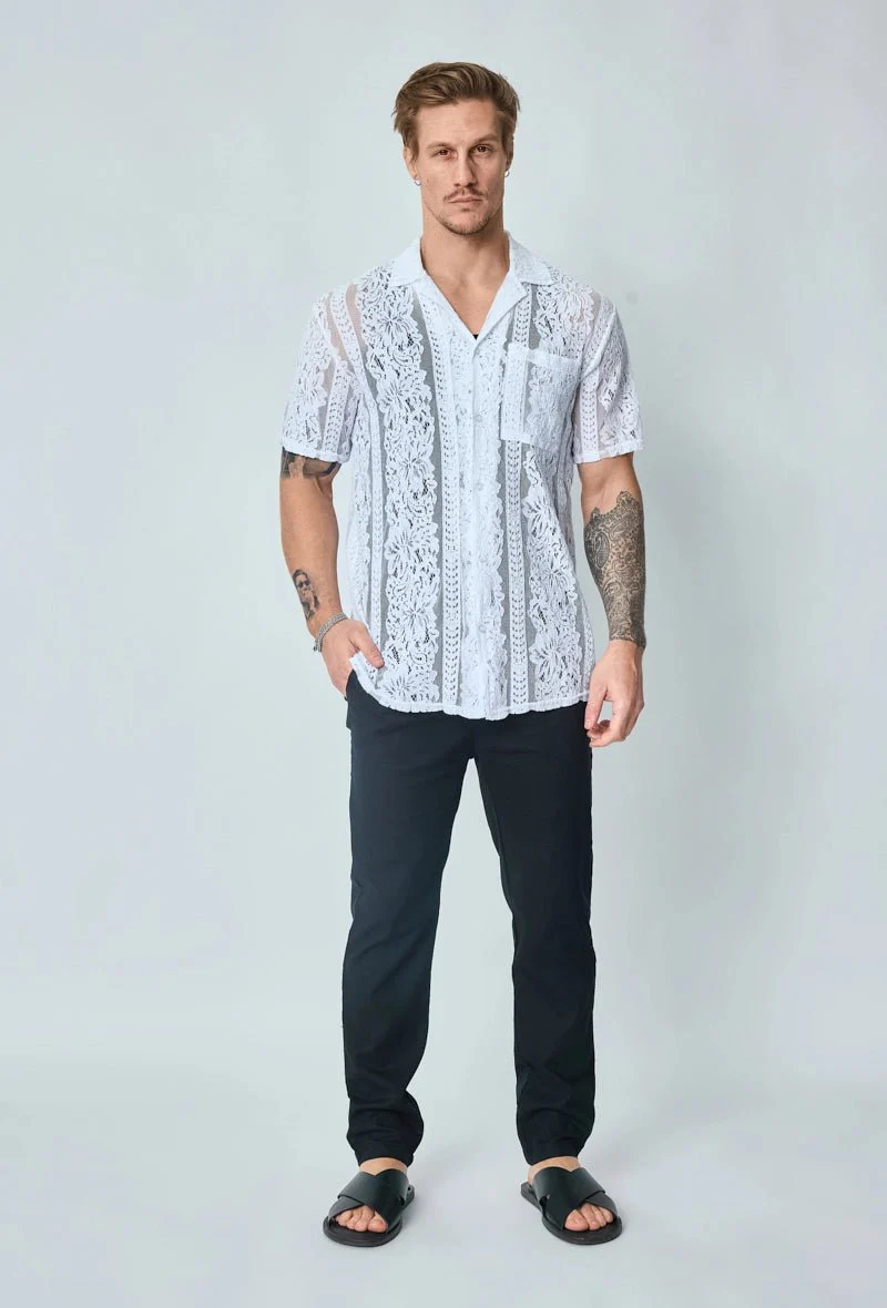 Chemise unie en dentelle manches courtes col à revers - Image 5