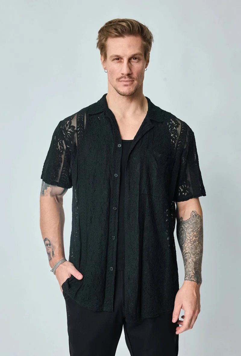 Chemise unie en dentelle manches courtes col à revers - Image 6