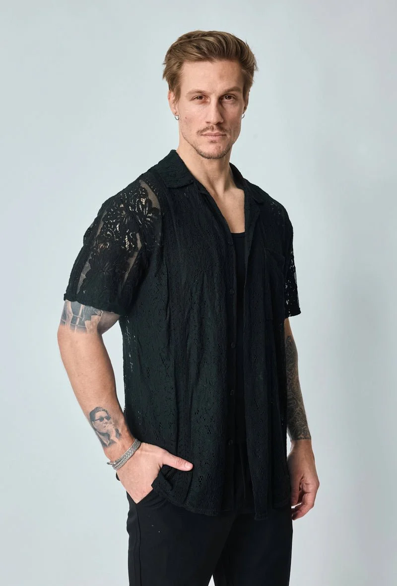 Chemise unie en dentelle manches courtes col à revers - Image 8
