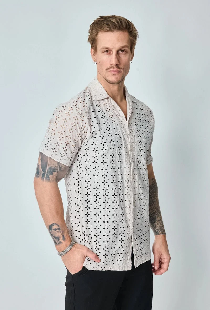 Chemise unie en dentelle manches courtes col à revers - Image 3