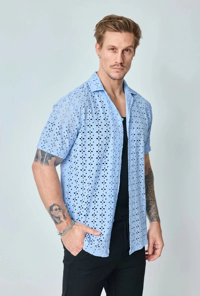 Chemise unie en dentelle manches courtes col à revers - Image 8