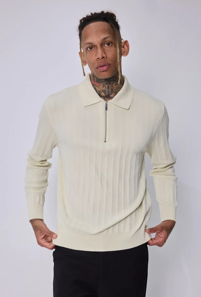 Pull polo zippé côtelé