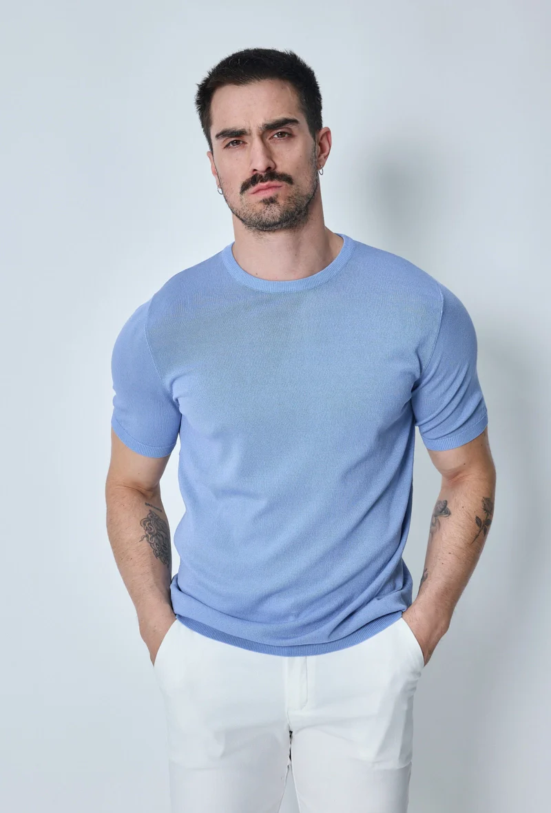 T-shirt fin manches courtes uni en maille